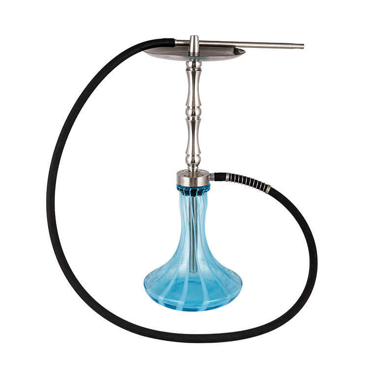 Blue Patterned Glass Silver Metal Tube-2 Single Hole Hookah 58cm