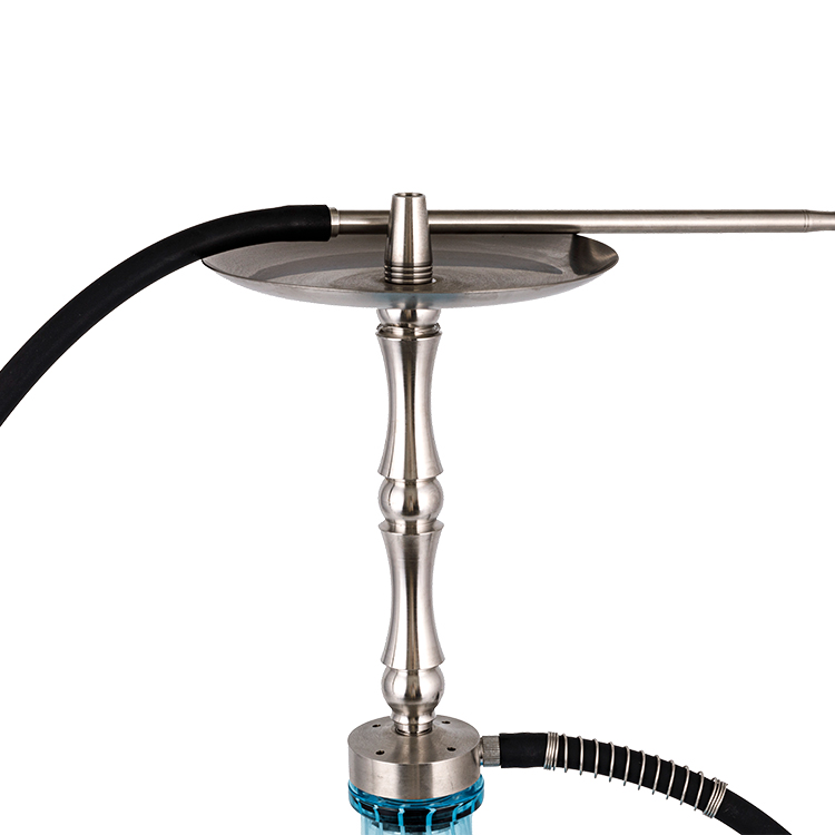 Blue Patterned Glass Silver Metal Tube-2 Single Hole Hookah 58cm