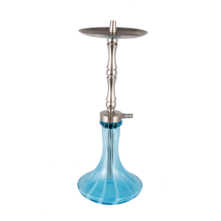 Blue Patterned Glass Silver Metal Tube-2 Single Hole Hookah 58cm